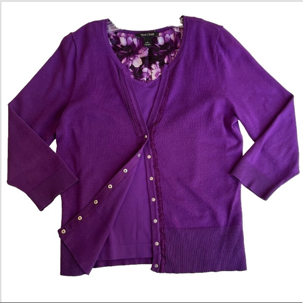 WHBM Purple Cardigan (L) Tank (M) Set Ruffle Detail Snap Button Business Casual